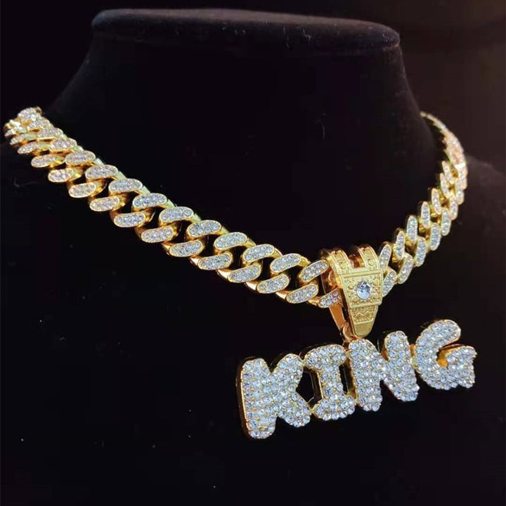 Men Women Hip Hop KING QUEEN Letter Pendant Necklace