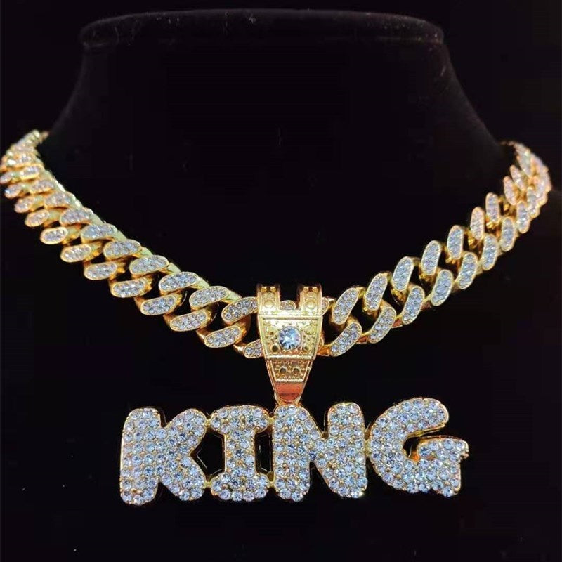 Men Women Hip Hop KING QUEEN Letter Pendant Necklace