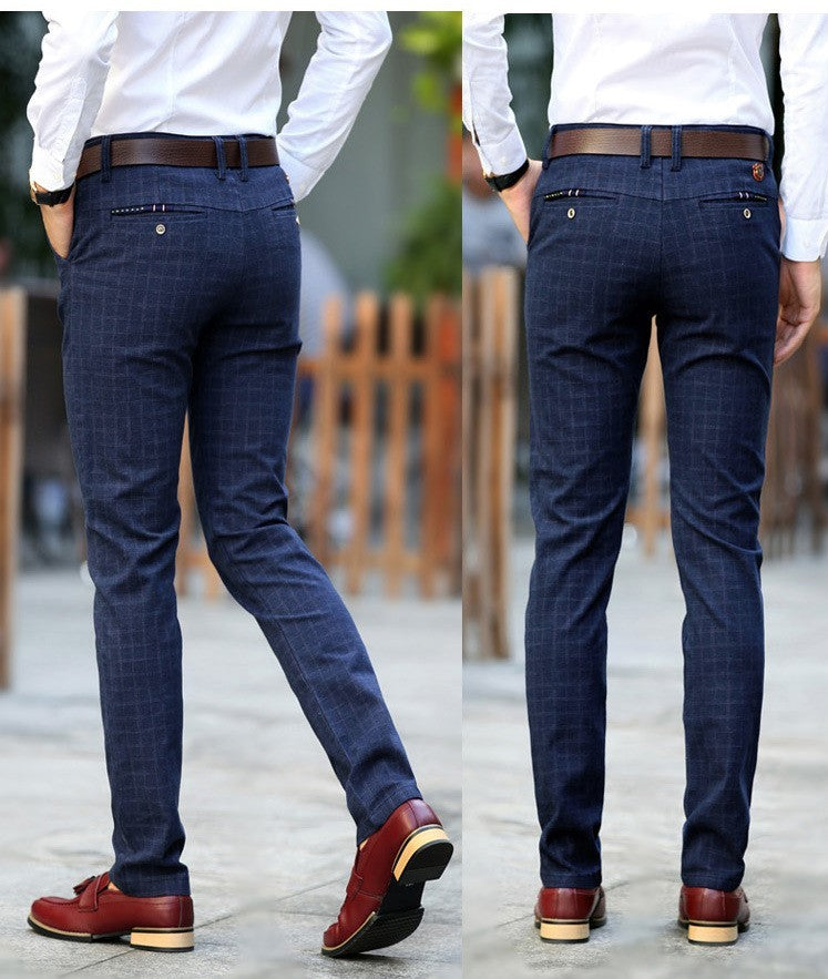 Plaid cotton and linen straight trousers for men