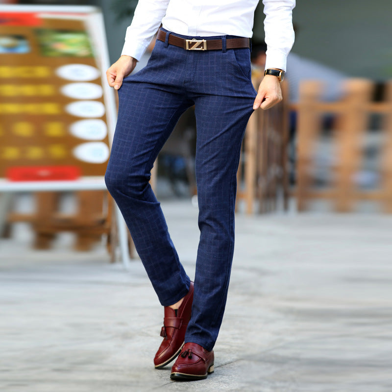 Plaid cotton and linen straight trousers for men