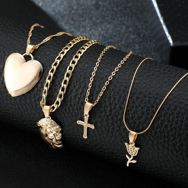 Multi-layer Heart Cross PendantGold Chain Rose Crystal Stone Men Head Women Jewelry