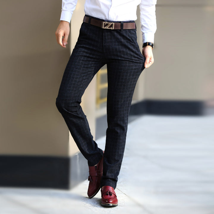 Plaid cotton and linen straight trousers for men