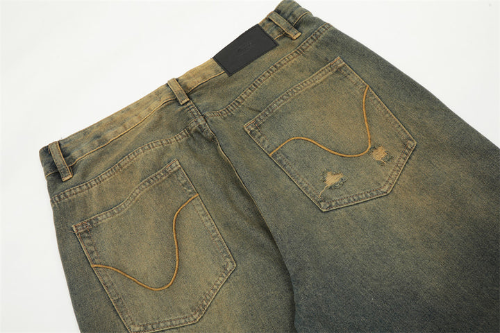 Yellow Indentation Denim Trousers For Men