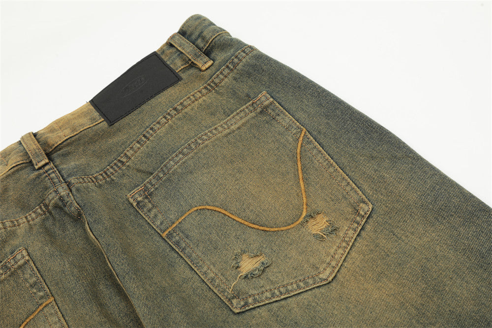 Yellow Indentation Denim Trousers For Men